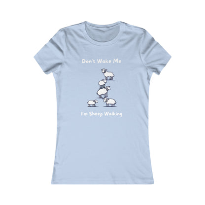 Light blue Printify funny sheep shirt with cartoon sheep and text Don't Wake Me I'm Sheep Walking