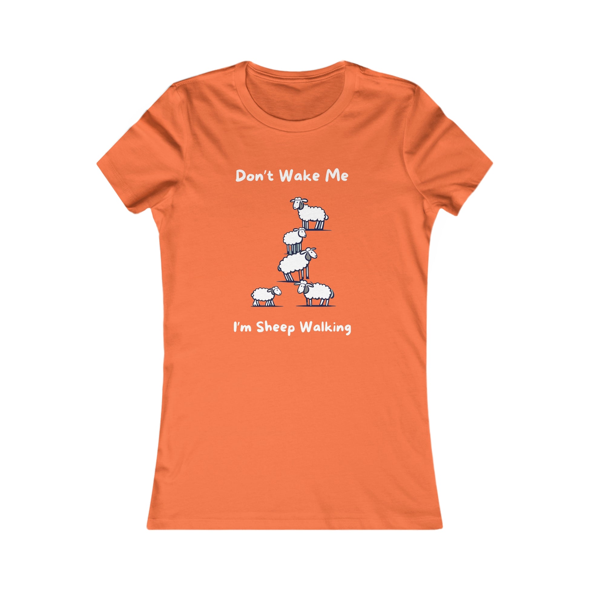 Orange Printify T-shirt with funny sheep shirt design showing cartoon sheep and text don't wake me I'm sheep walking