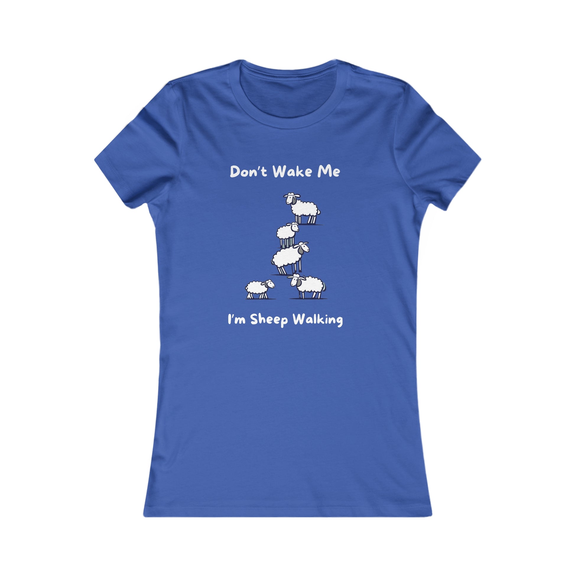 Printify blue funny sheep shirt with cartoon sheep and text Dont Wake Me Im Sheep Walking