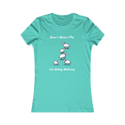 Printify funny sheep shirt in teal with cartoon sheep and text Don't Wake Me I'm Sheep Walking