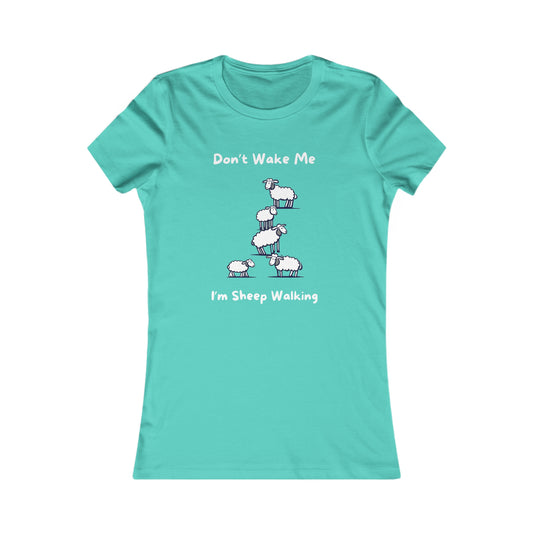 Printify funny sheep shirt in teal with cartoon sheep and text Don't Wake Me I'm Sheep Walking