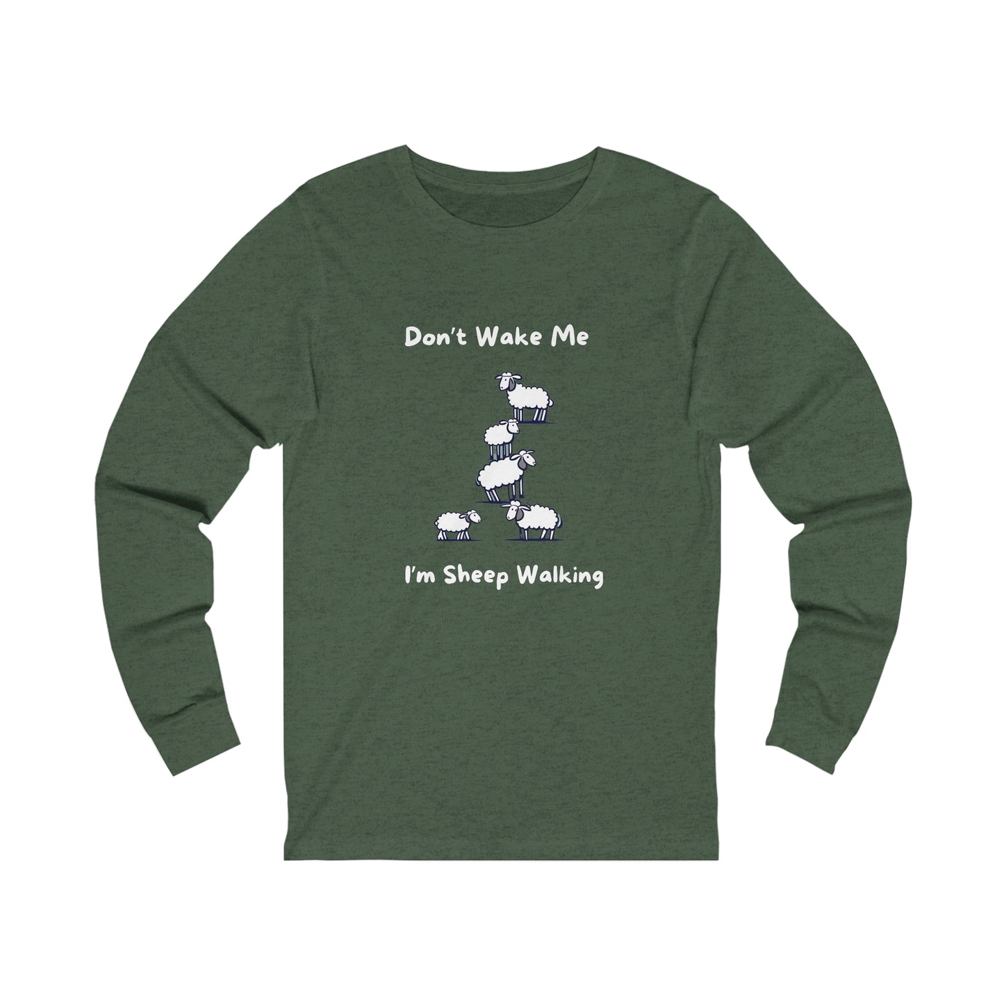 Printify funny sheep shirt long sleeve in green with playful sheep walking graphic and text design