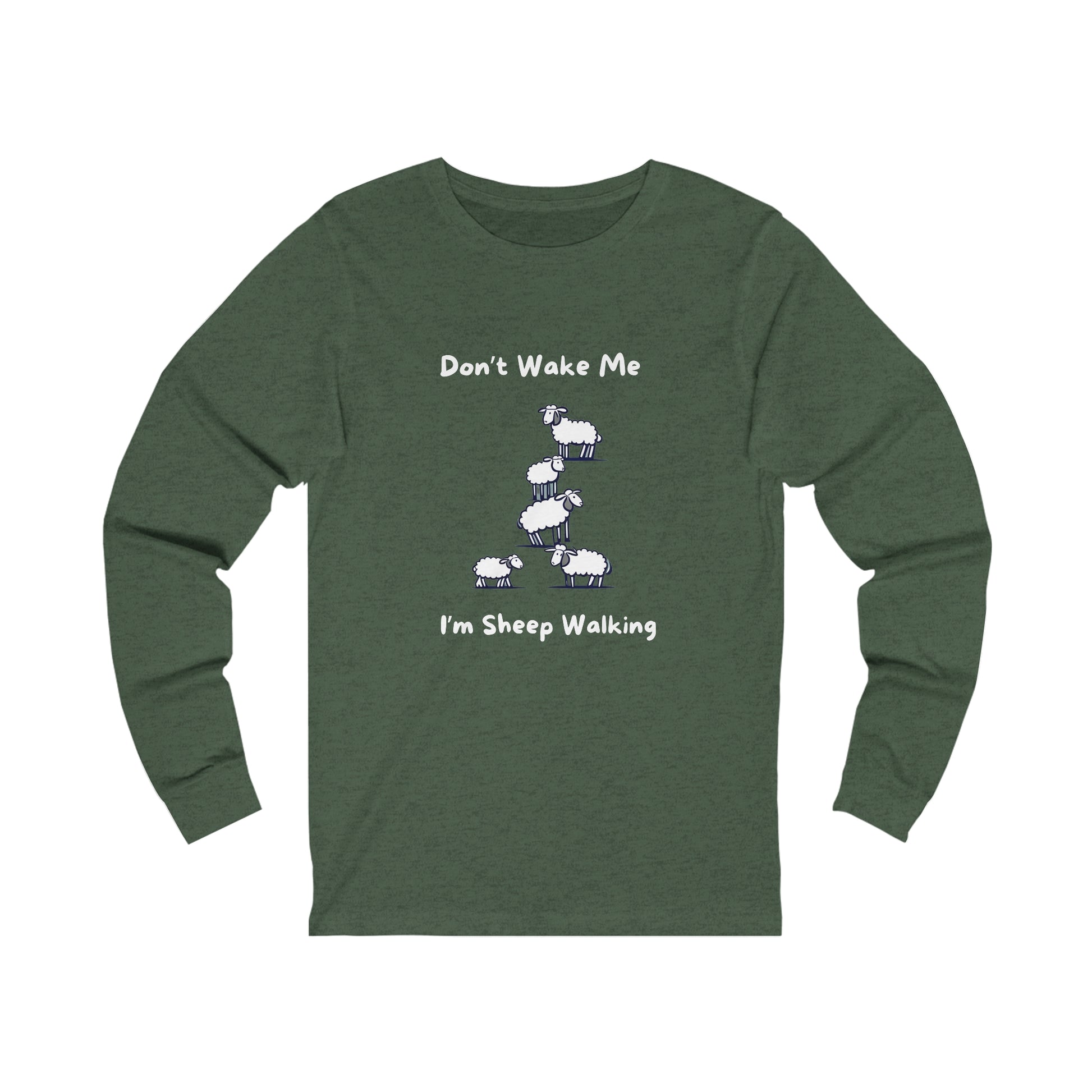 Printify funny sheep shirt long sleeve in green with playful sheep walking graphic and text design