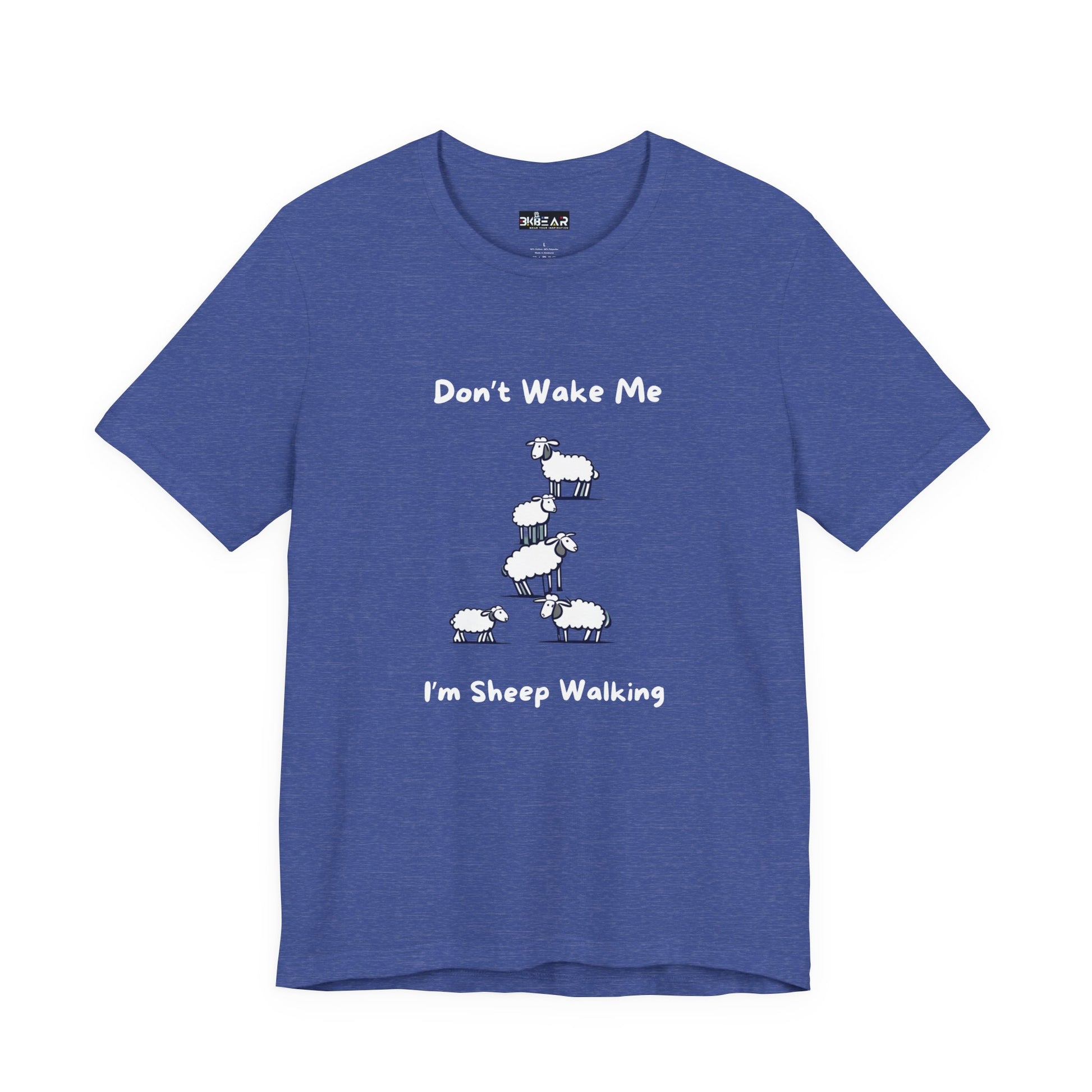 Printify blue funny sheep shirt with cartoon sheep and text Don't Wake Me I'm Sheep Walking