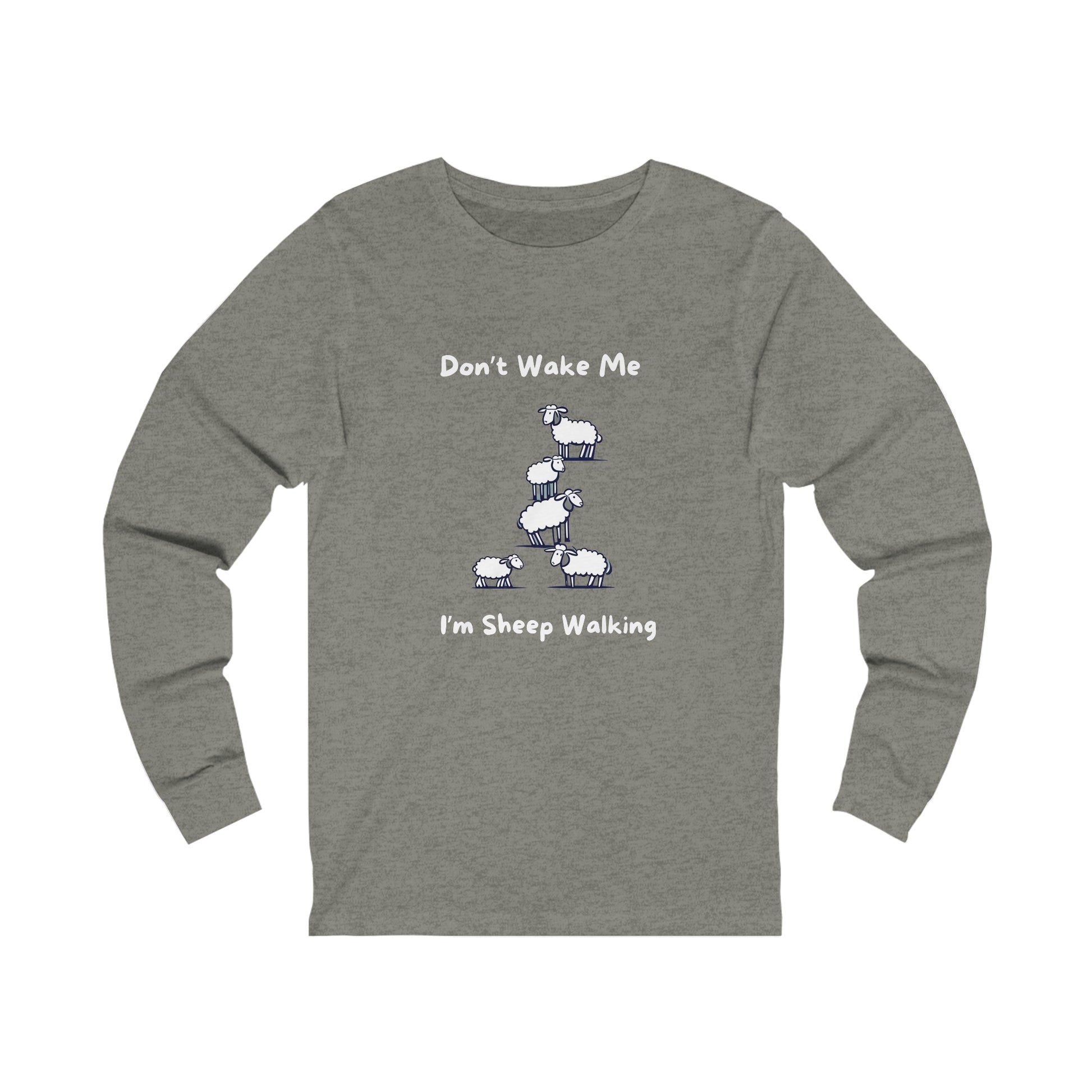 Gray long sleeve funny sheep shirt with cartoon sheep and text Dont Wake Me Im Sheep Walking