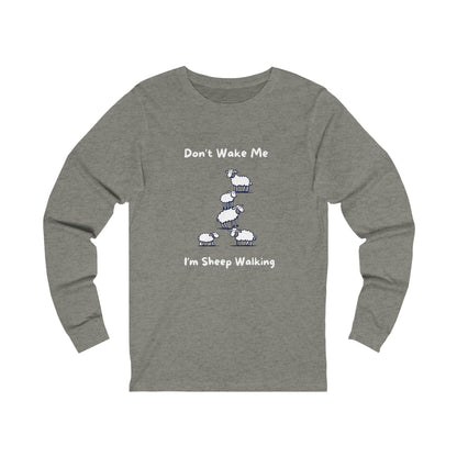 Gray long sleeve funny sheep shirt with cartoon sheep and text Dont Wake Me Im Sheep Walking