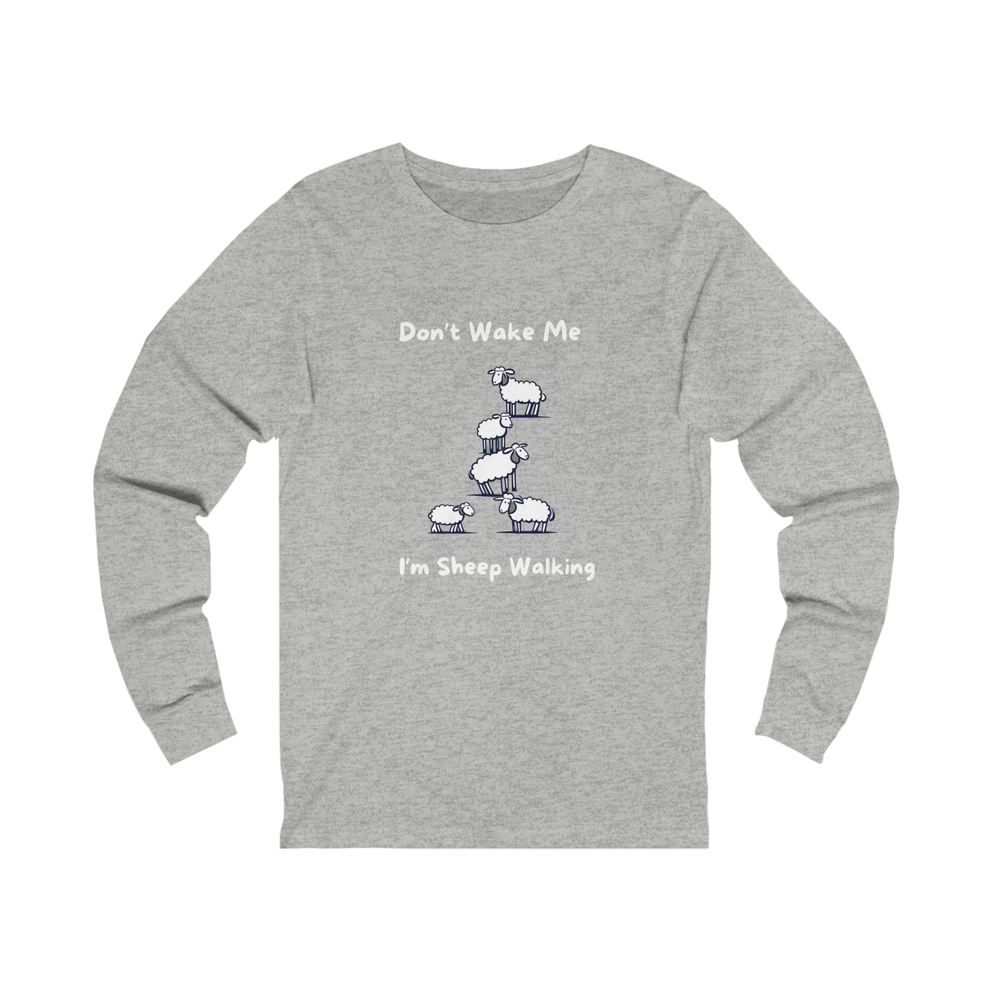 Gray long-sleeve funny sheep shirt with cartoon sheep and text on front by Printify