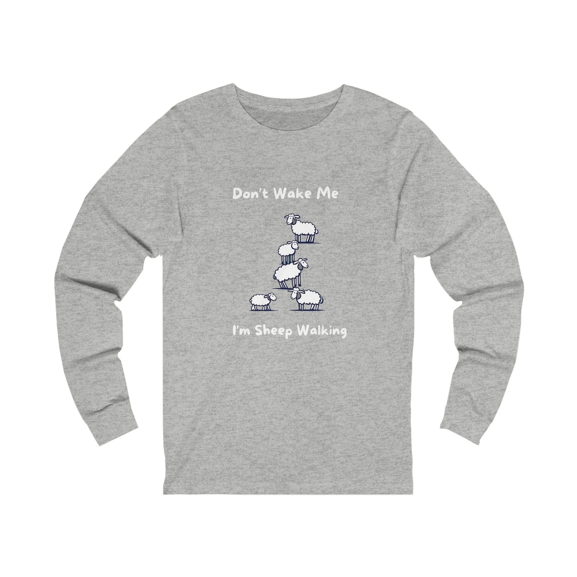 Gray long-sleeve funny sheep shirt with cartoon sheep and text on front by Printify