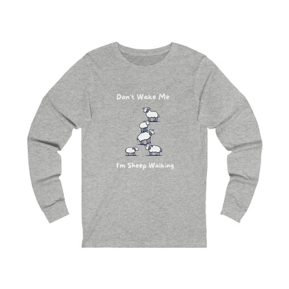 Gray long-sleeve funny sheep shirt with cartoon sheep and text on front by Printify