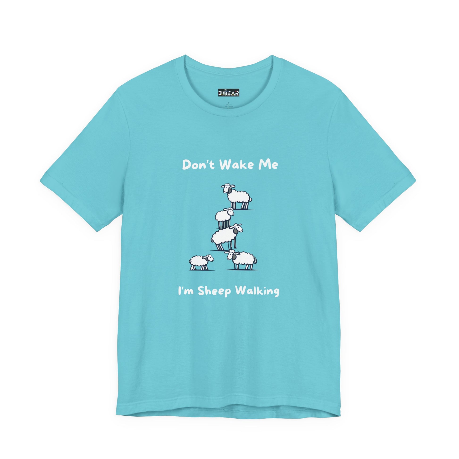 Light blue funny sheep shirt with cartoon sheep and text Don't Wake Me I'm Sheep Walking
