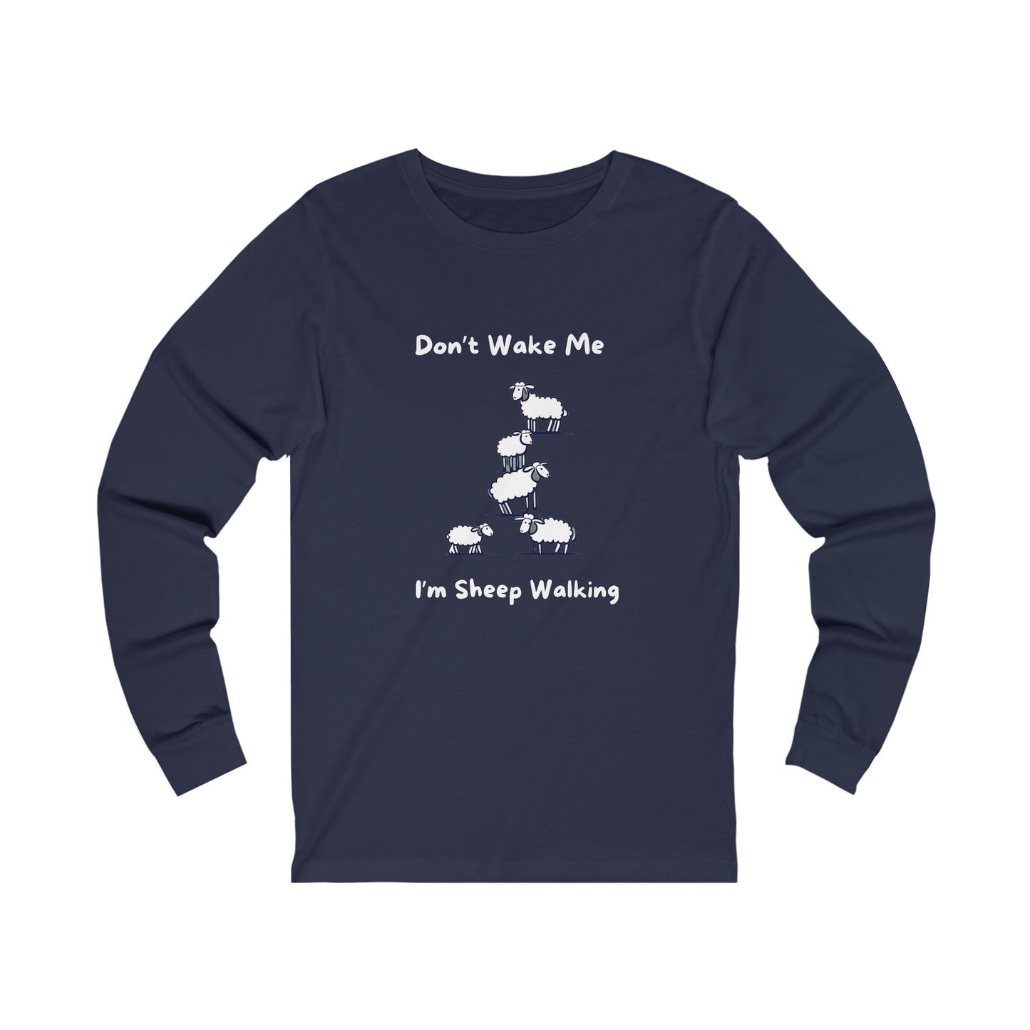 Navy Printify long-sleeve funny sheep shirt with white sheep graphics and humorous text