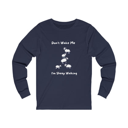 Navy Printify long-sleeve funny sheep shirt with white sheep graphics and humorous text