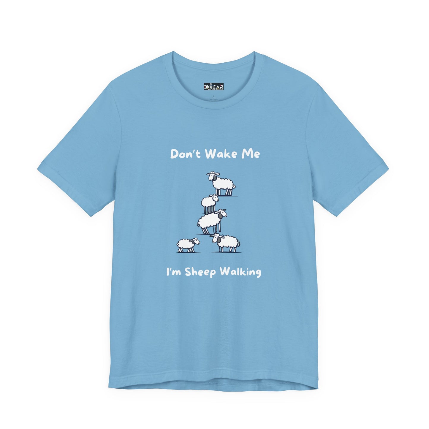 Light blue Printify t-shirt with funny sheep shirt design and sheep walking graphic