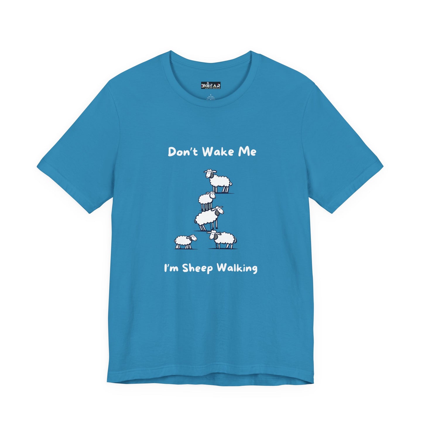 Blue Printify t-shirt with funny sheep shirt design featuring stacked sheep and text Don't Wake Me I'm Sheep Walking
