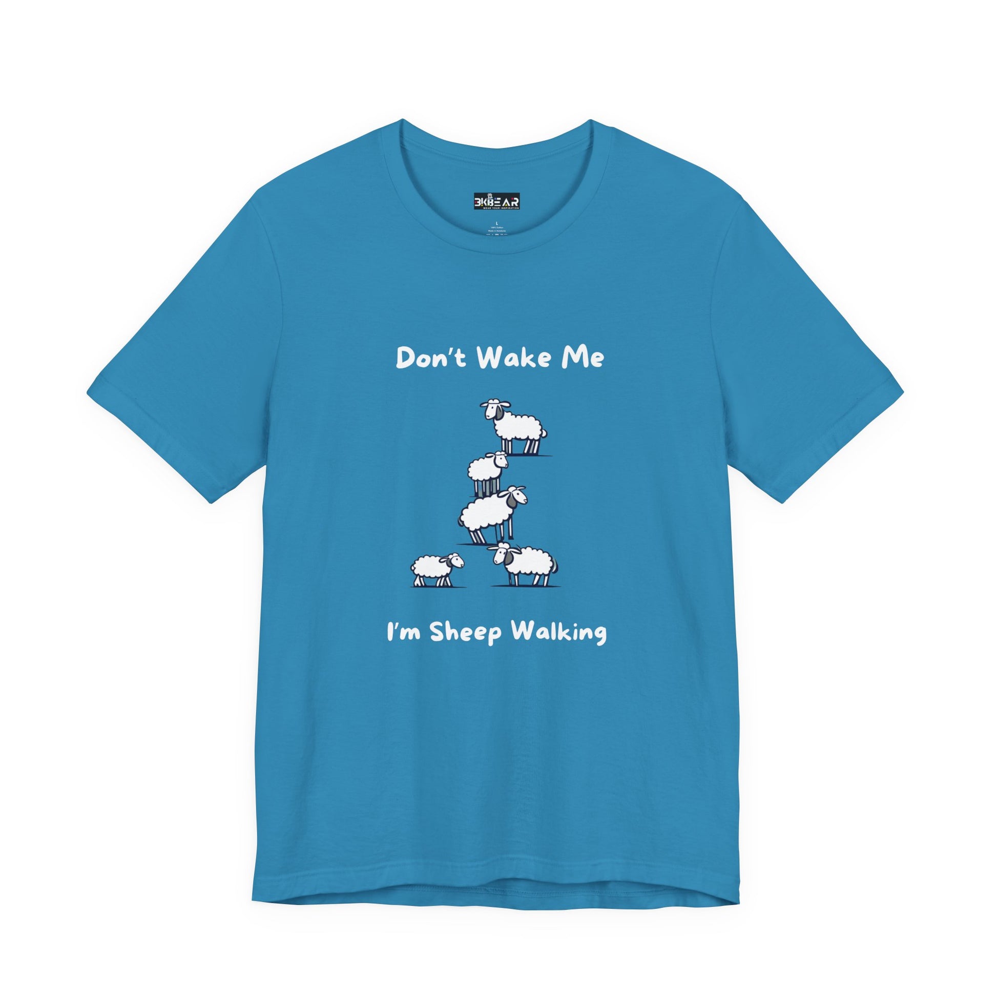 Blue Printify t-shirt with funny sheep shirt design featuring stacked sheep and text Don't Wake Me I'm Sheep Walking