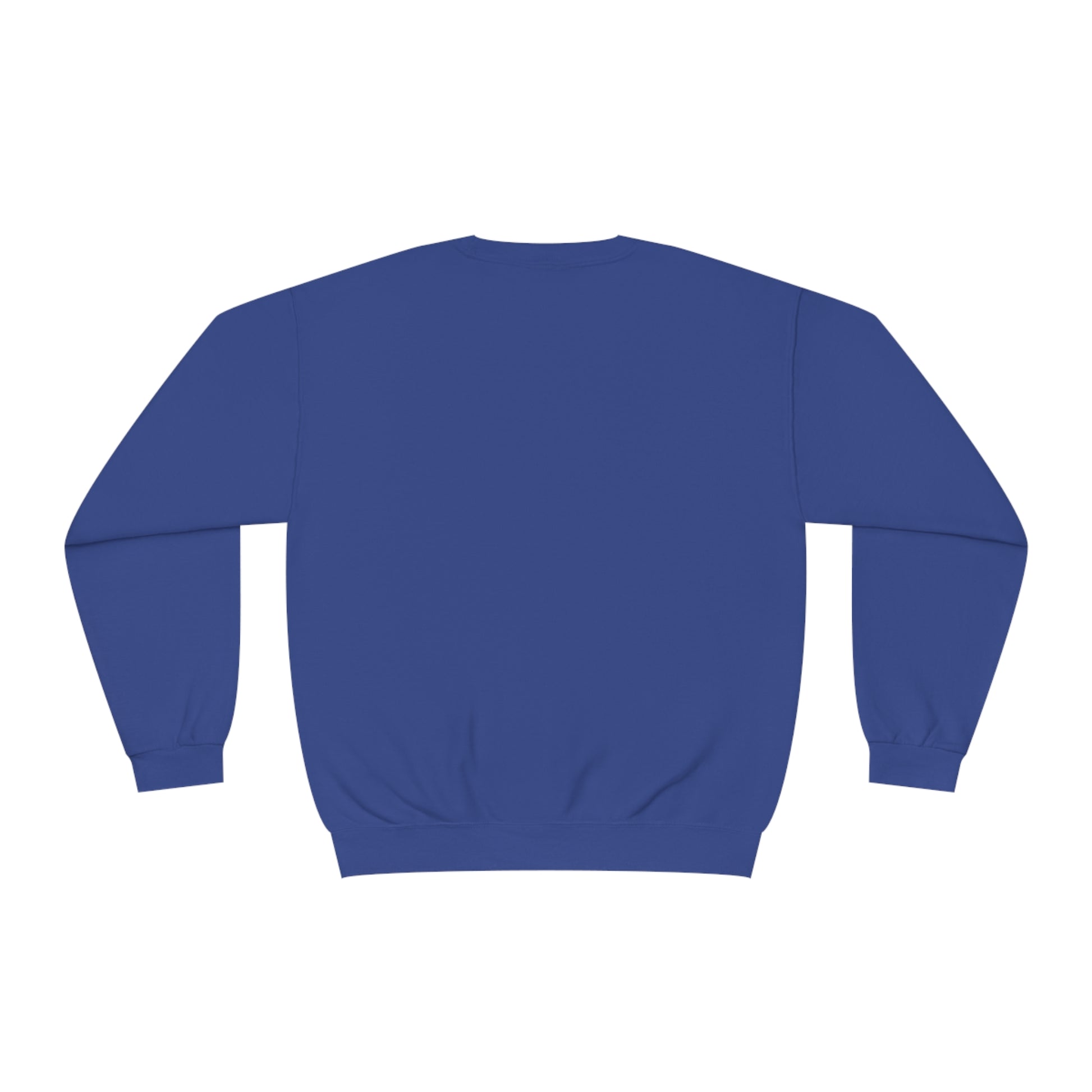 Back view of blue funny sheep sweatshirt by Printify with long sleeves and ribbed cuffs