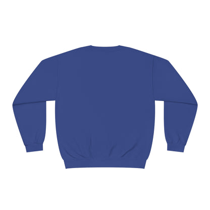 Back view of blue funny sheep sweatshirt by Printify with long sleeves and ribbed cuffs