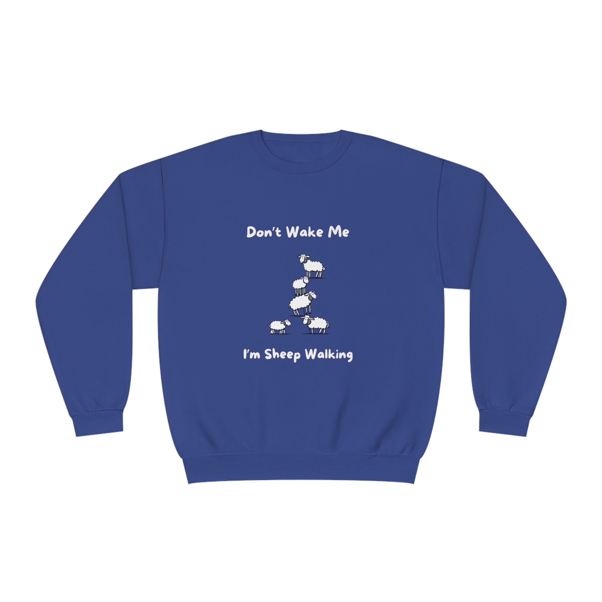 Blue funny sheep sweatshirt by Printify with playful sheep walking design and text