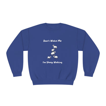 Blue funny sheep sweatshirt by Printify with playful sheep walking design and text
