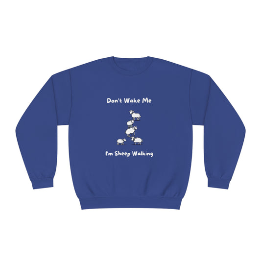 Blue funny sheep sweatshirt by Printify with playful sheep walking design and text