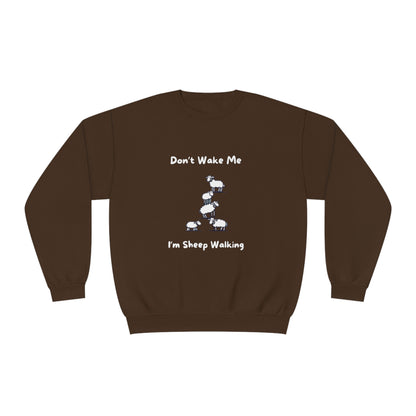Brown Printify funny sheep sweatshirt with cartoon sheep and text Don’t Wake Me I’m Sheep Walking