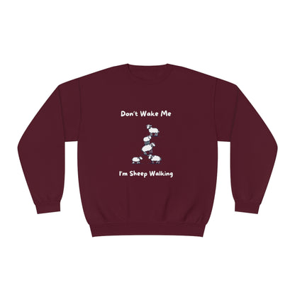Maroon funny sheep sweatshirt with white cartoon sheep and text Dont Wake Me Im Sheep Walking