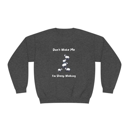 Printify funny sheep sweatshirt in dark gray with sheep walking design and text Don't Wake Me I'm Sheep Walking