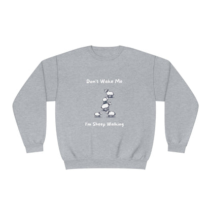 Gray funny sheep sweatshirt with humorous sheep walking design and text don't wake me I'm sheep walking