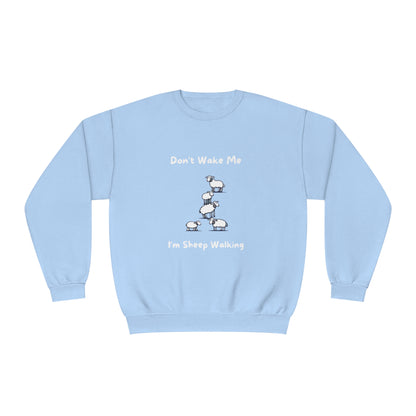Light blue funny sheep sweatshirt with cartoon sheep and text Dont Wake Me Im Sheep Walking