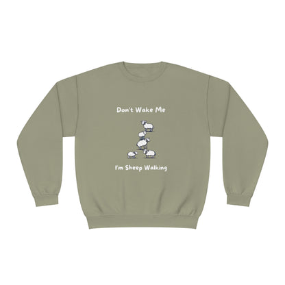 Olive green funny sheep sweatshirt with cartoon sheep and text don't wake me I'm sheep walking