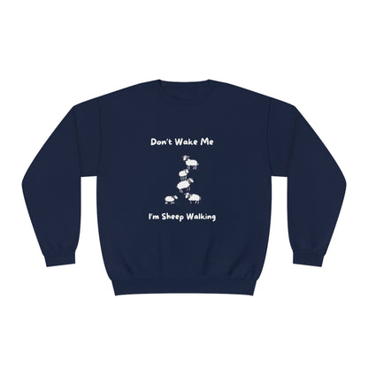 Navy Printify funny sheep sweatshirt with dont wake me im sheep walking text and sheep graphic
