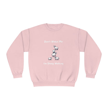 Pink funny sheep sweatshirt with cartoon sheep and text Dont Wake Me Im Sheep Walking