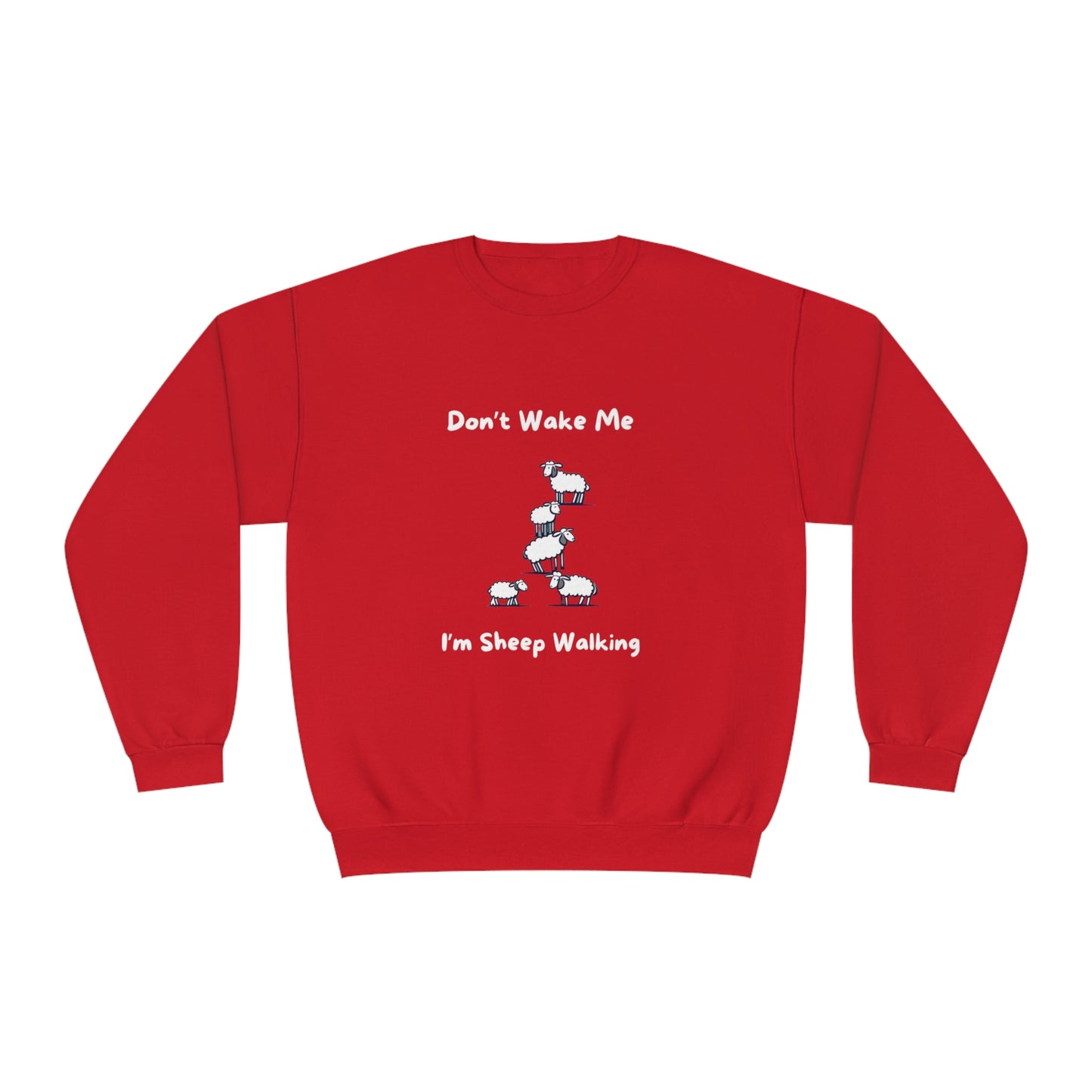 Red funny sheep sweatshirt with white cartoon sheep and text Dont Wake Me Im Sheep Walking