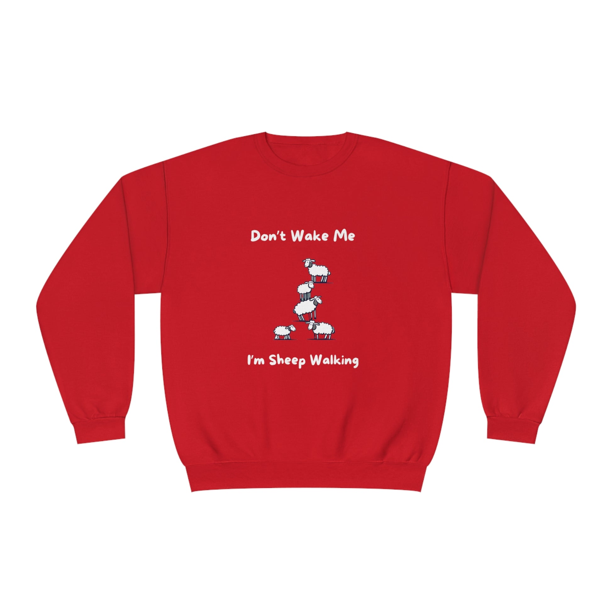 Red funny sheep sweatshirt with white cartoon sheep and text Dont Wake Me Im Sheep Walking