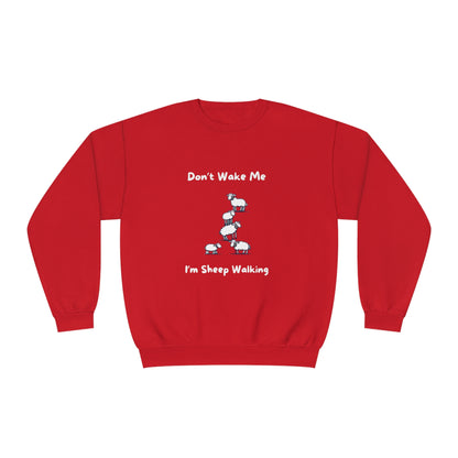 Red funny sheep sweatshirt with white cartoon sheep and text Dont Wake Me Im Sheep Walking