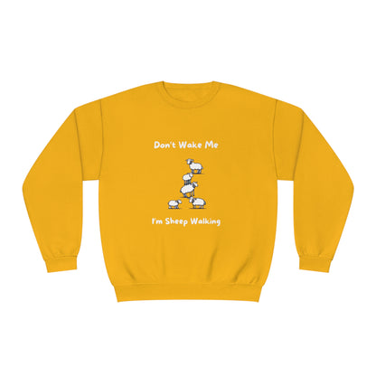 Yellow funny sheep sweatshirt with cartoon sheep and text saying Don't Wake Me I'm Sheep Walking