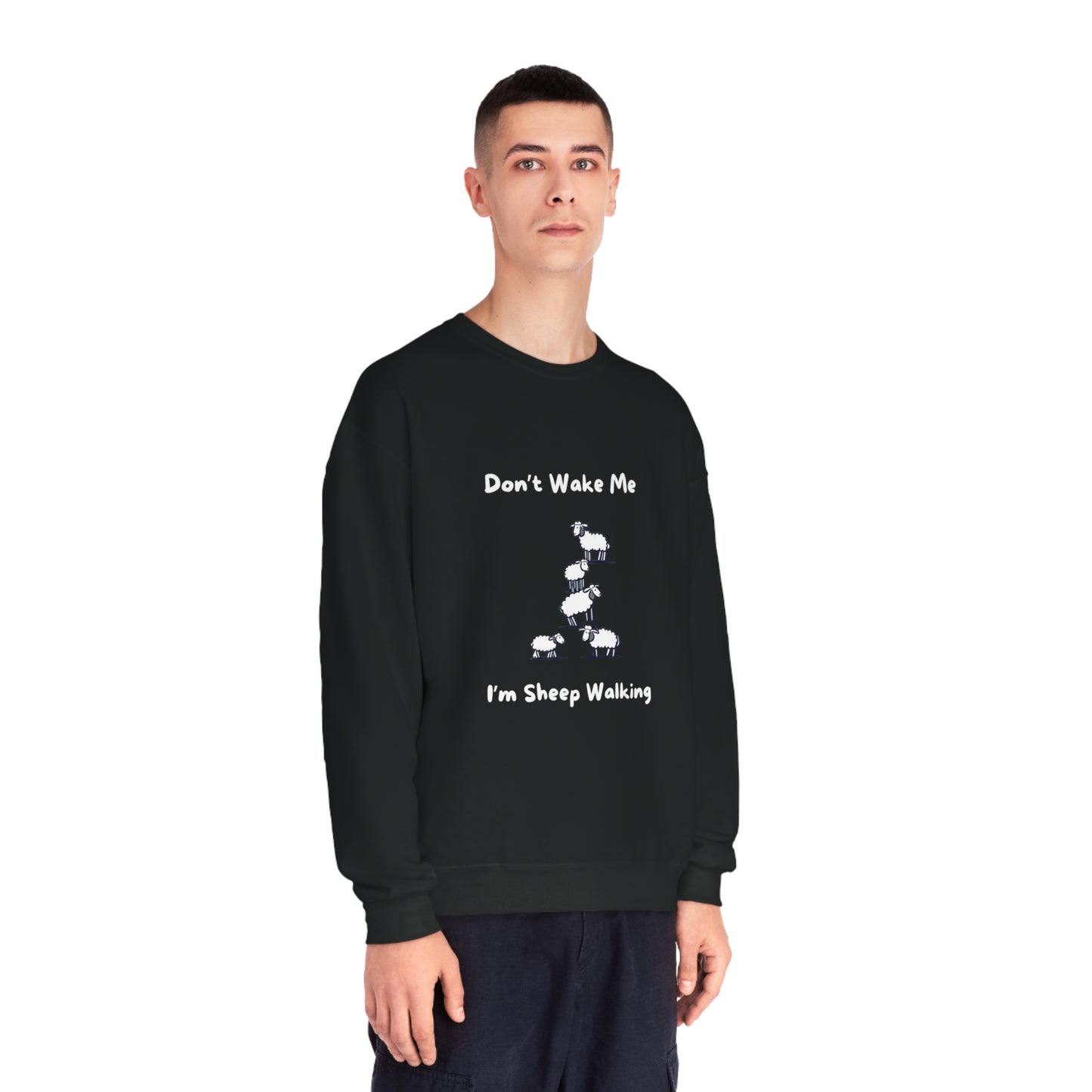 Black funny sheep sweatshirt with white sheep stacking design and text Don't Wake Me I'm Sheep Walking