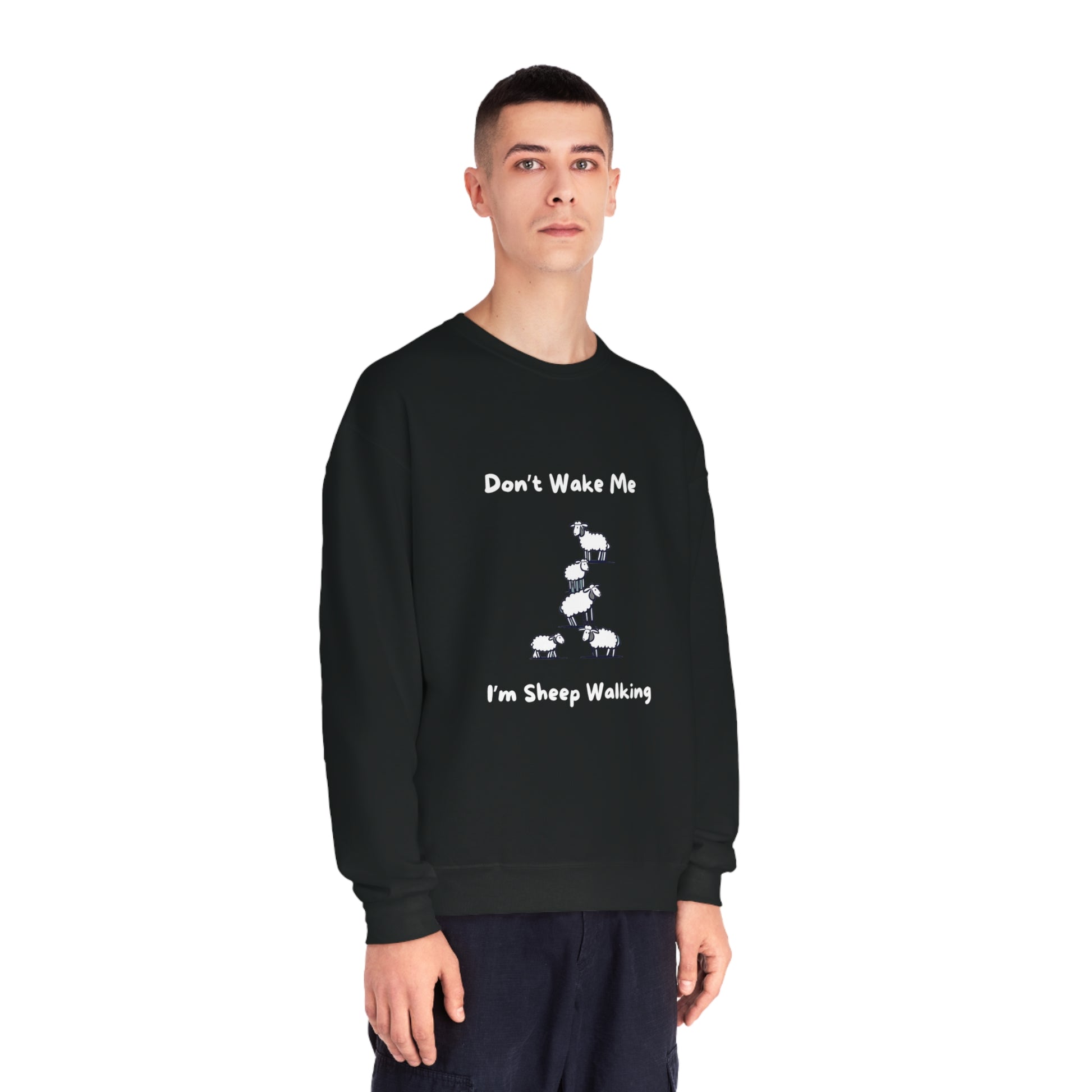 Black funny sheep sweatshirt with white sheep stacking design and text Don't Wake Me I'm Sheep Walking
