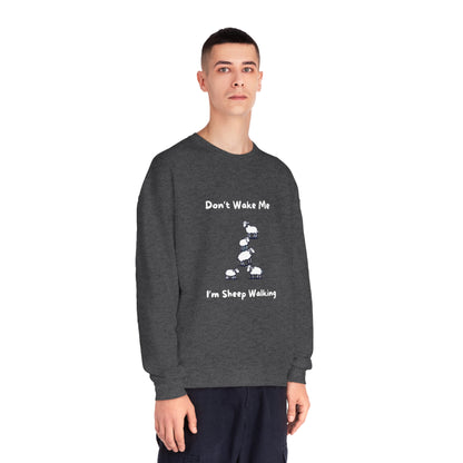 Printify funny sheep sweatshirt in dark gray with humorous sheep walking design and text