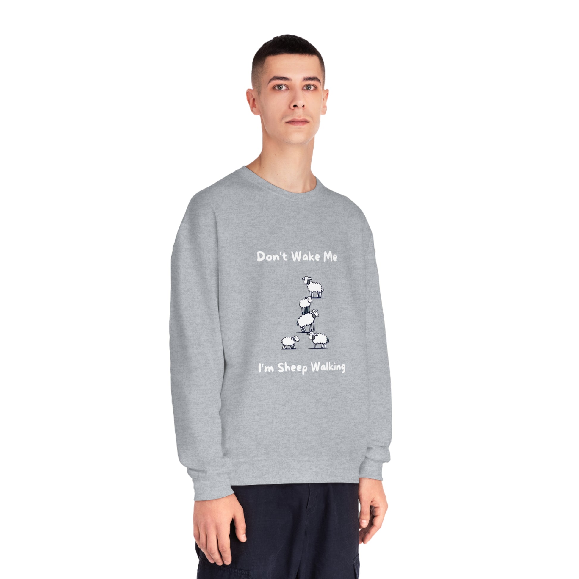 Gray funny sheep sweatshirt with cartoon sheep and text Dont Wake Me Im Sheep Walking printed on front
