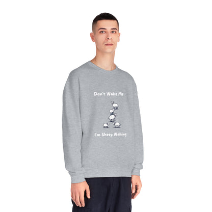 Gray funny sheep sweatshirt with cartoon sheep and text Dont Wake Me Im Sheep Walking printed on front