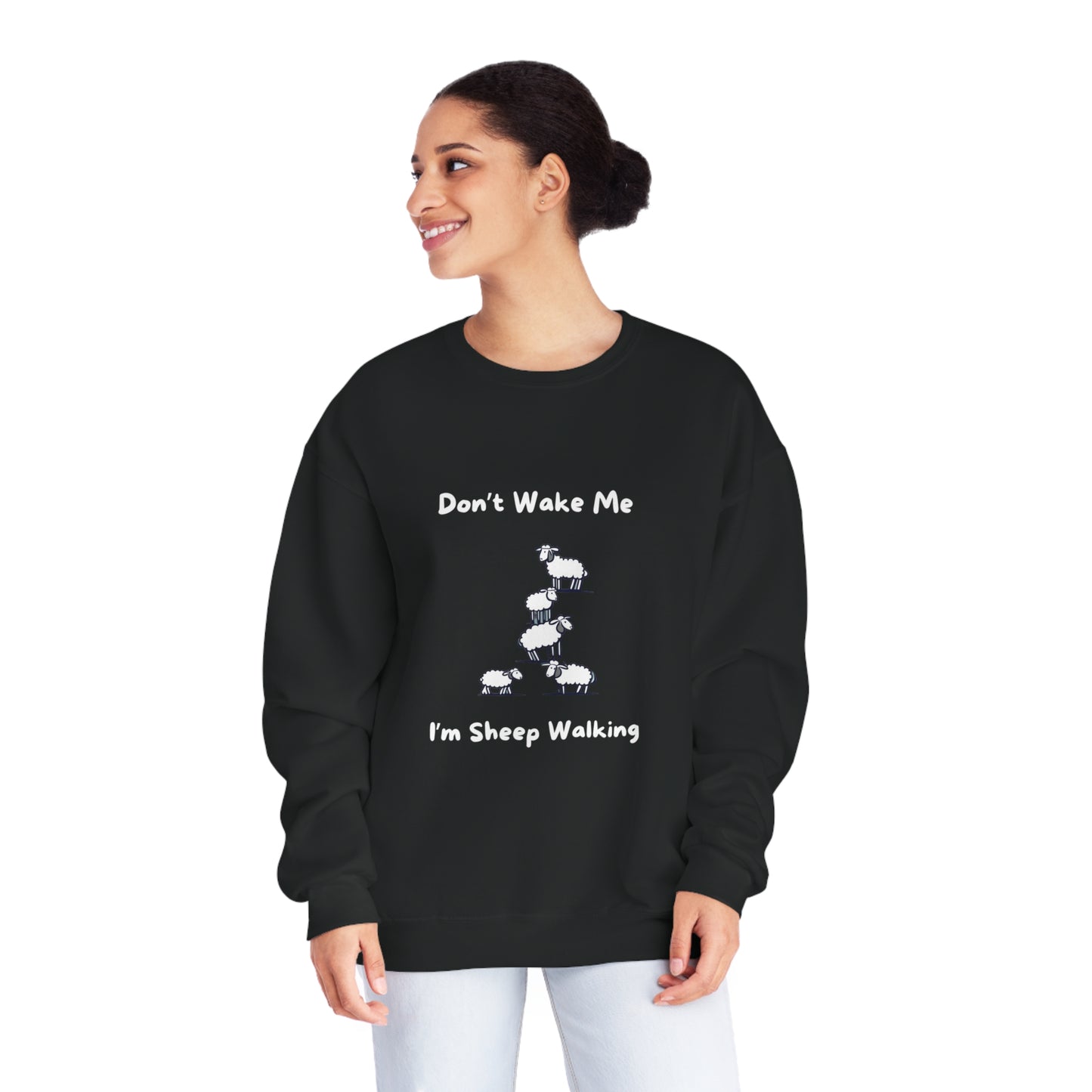 Black funny sheep sweatshirt with white sheep graphic and funny text worn by smiling woman
