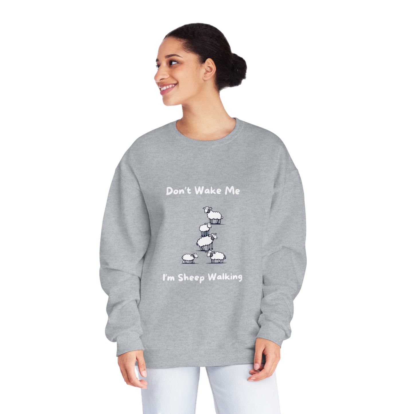 Gray funny sheep sweatshirt with cartoon sheep and text Dont Wake Me Im Sheep Walking from Printify