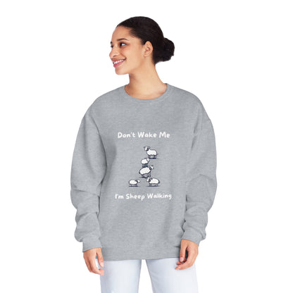 Gray funny sheep sweatshirt with cartoon sheep and text Dont Wake Me Im Sheep Walking from Printify
