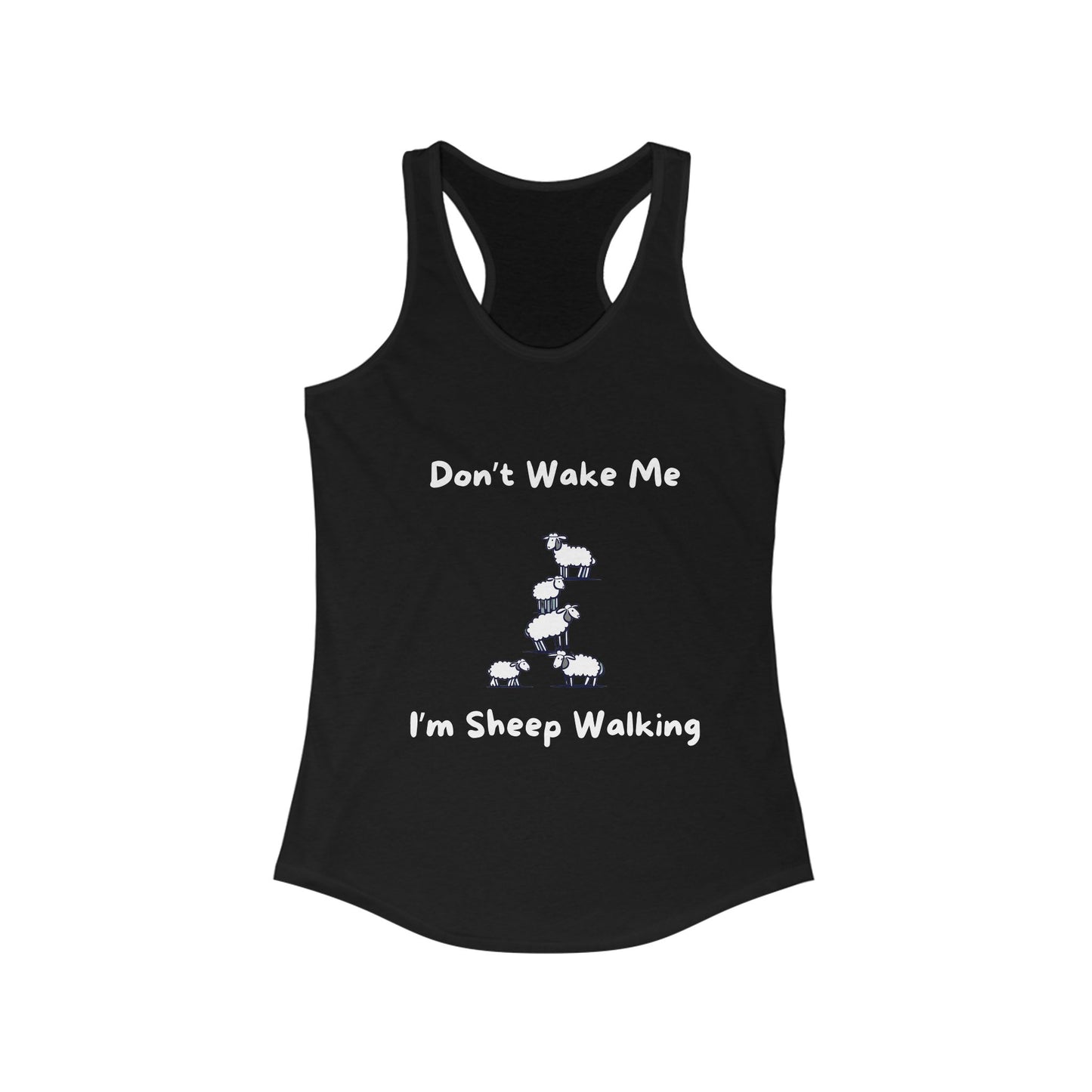 Black funny sheep tank top with white text and sheep graphic by Printify