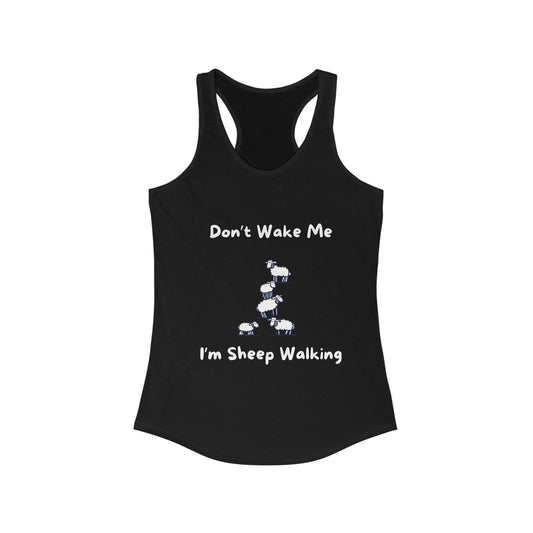 Black funny sheep tank top with white text and sheep graphic by Printify
