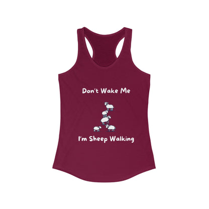 Maroon funny sheep tank top with white text and sheep graphic saying Dont Wake Me Im Sheep Walking