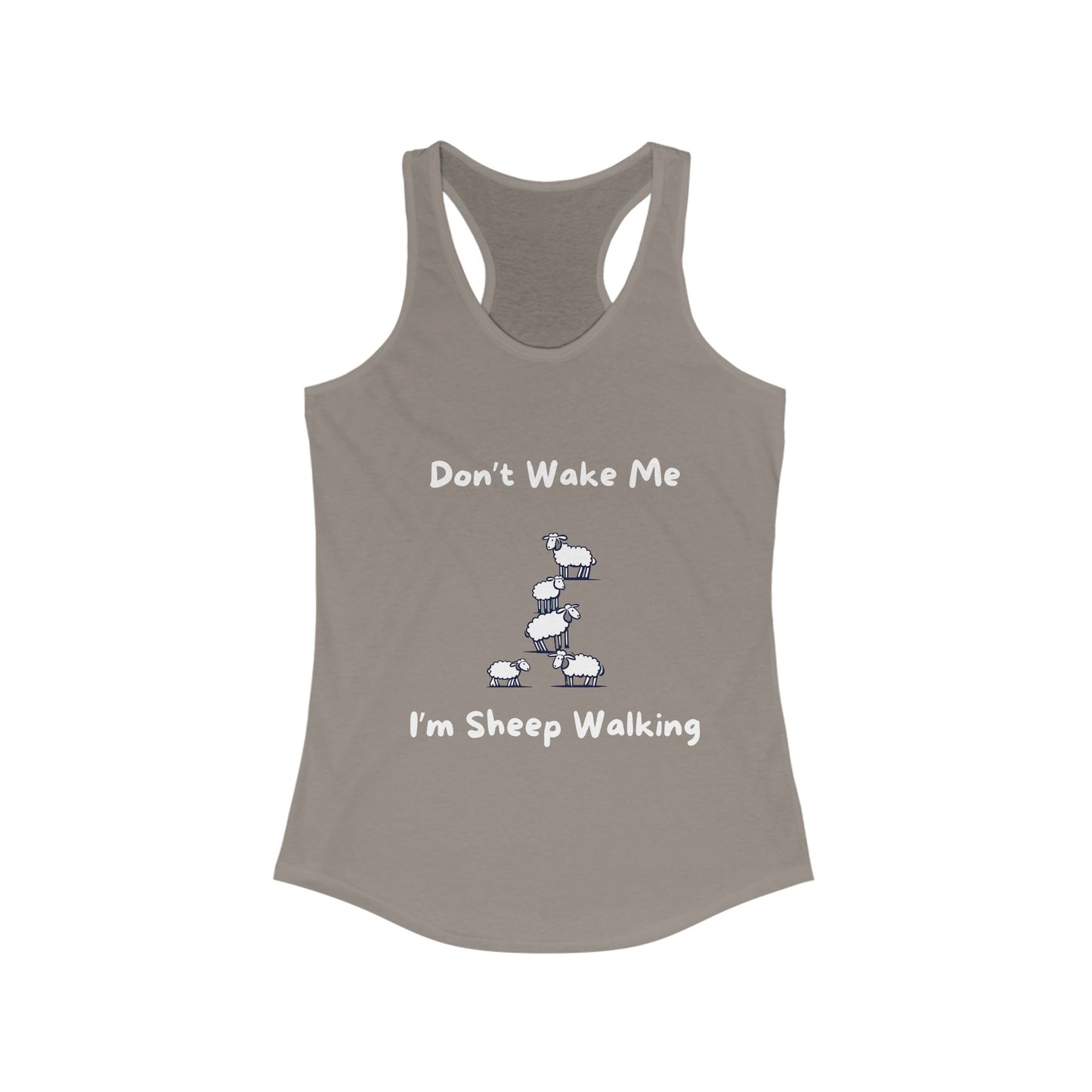 Funny sheep tank top with humorous sheep walking design and text on gray racerback style