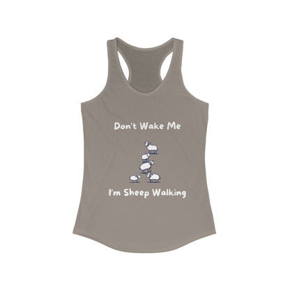 Funny sheep tank top with humorous sheep walking design and text on gray racerback style