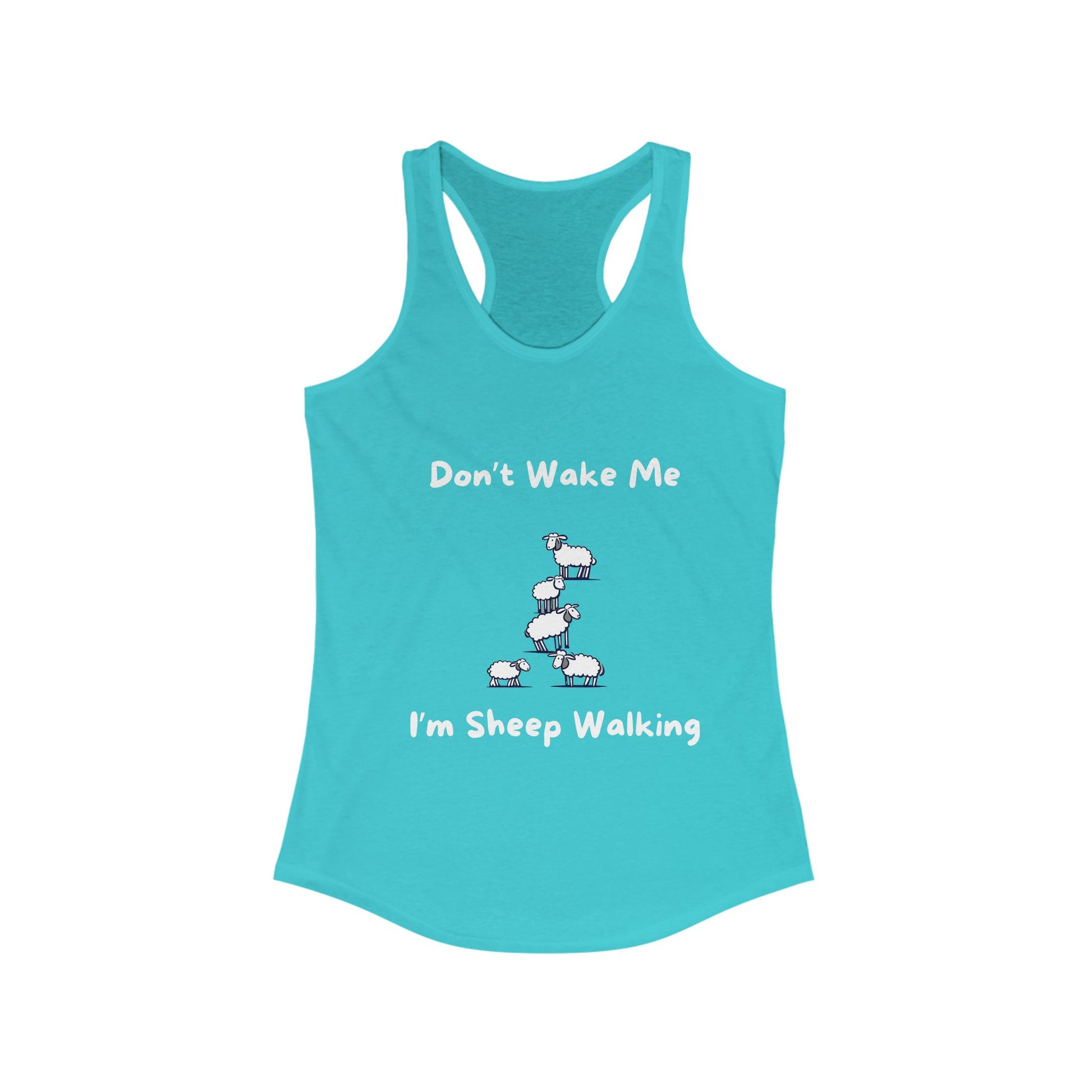 Funny sheep tank top in turquoise with cute sheep graphic and humorous text for casual wear